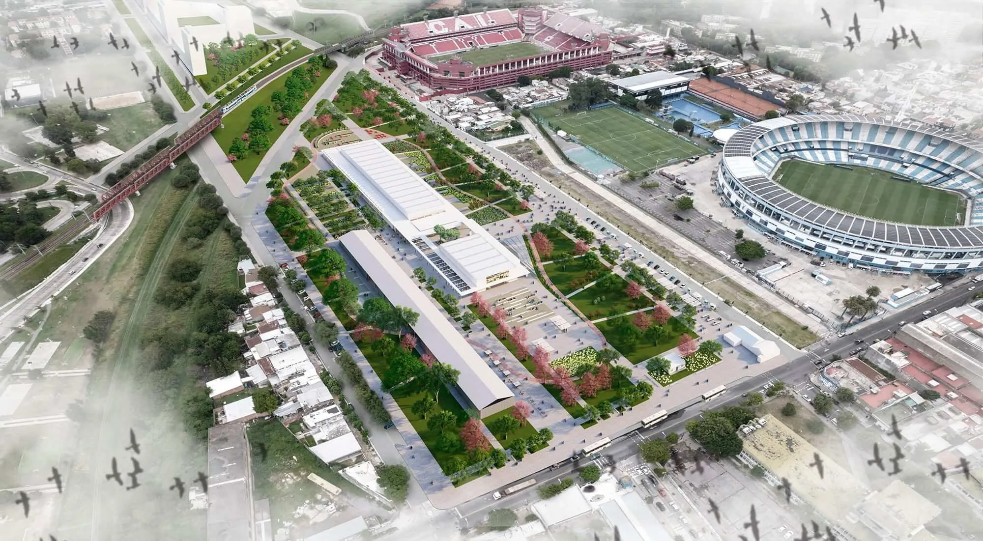 Vista aérea del proyecto Parque Urbano y Museo del Fútbol, Avellaneda, Buenos Aires, Argentina.