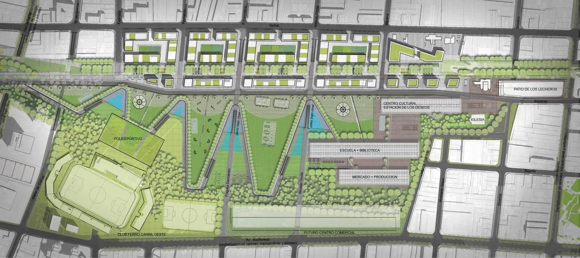 Planta de volumenes del proyecto - Playa Ferroviaria Caballito, Ciudad de Buenos Aires, Argentina.