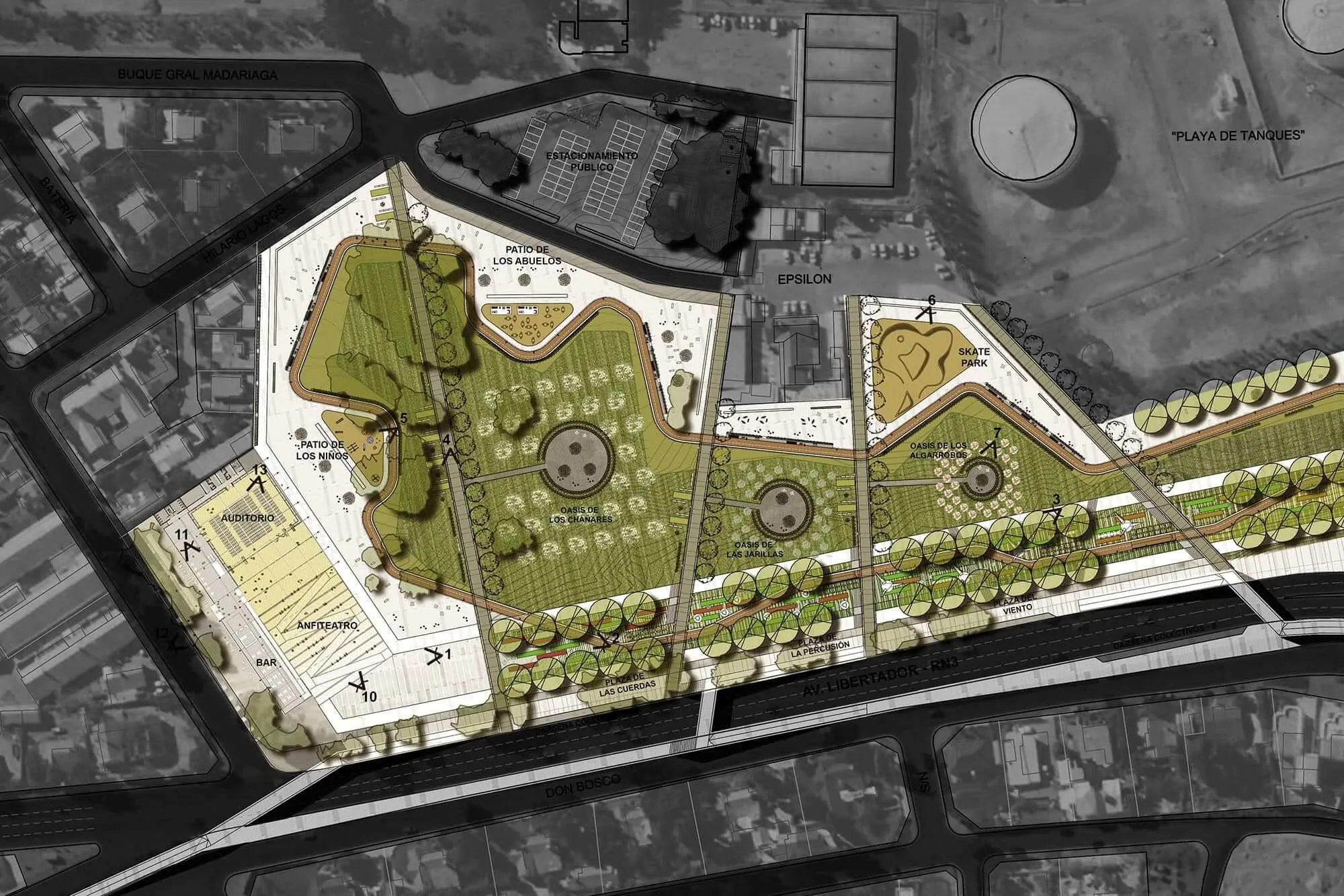 Plata del sector auditorio y anfiteatro proyecto - Parque de la Ciudad y Centro de Música Popular, Comodoro Rivadavia, Chubut, Argentina.