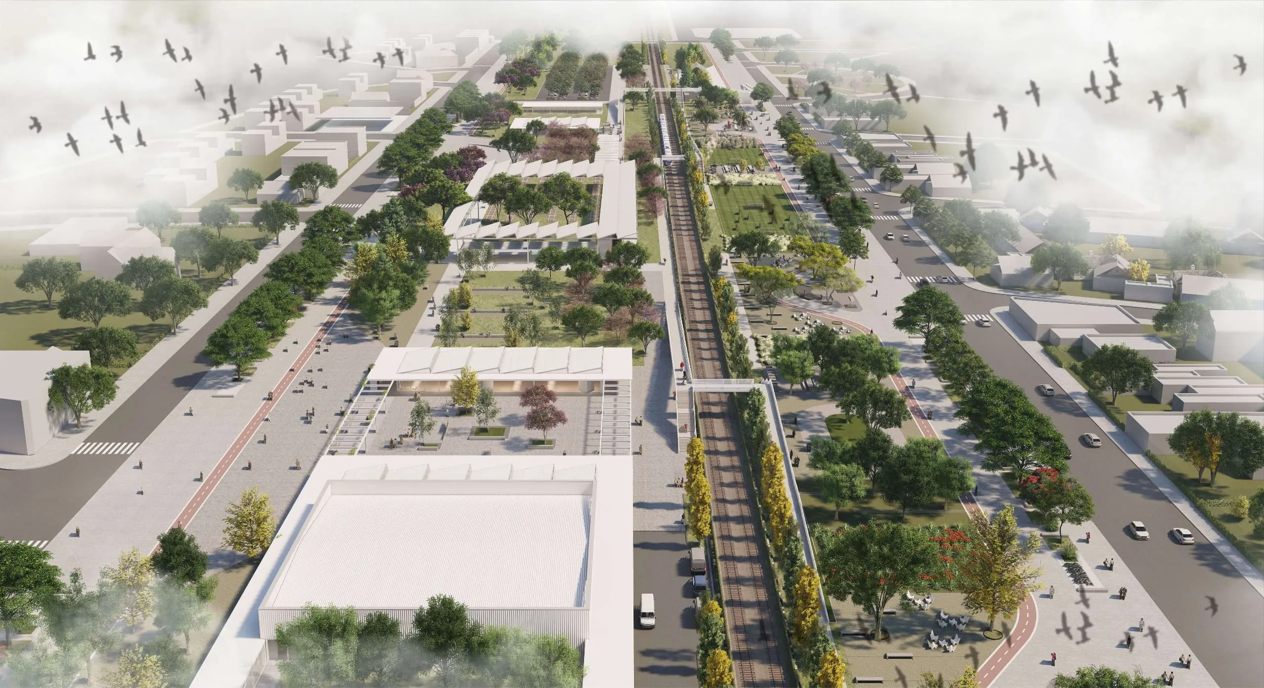 Vista aérea del proyecto Polo Ferrocultural, Francisco Álvarez, Buenos Aires, Argentina.