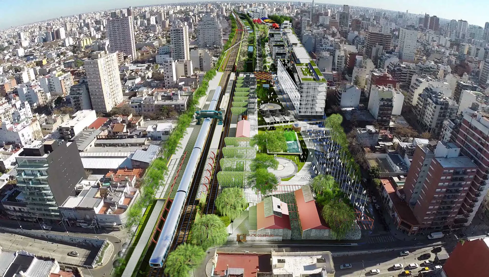 Vista aérea del proyecto Playa Ferroviaria Colegiales, Ciudad de Buenos Aires, Argentina.